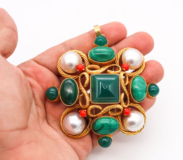 Modernist 1970 Convertible Maltese Pendant Brooch In 18Kt Gold With 106.86 Cts In Multi Gemstones