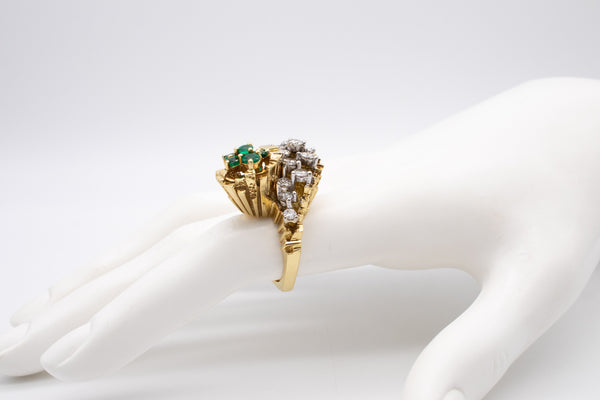Modernist 1970 Bold Cocktail Ring In 18Kt With 3.15 Cts Of Diamonds And Emeralds