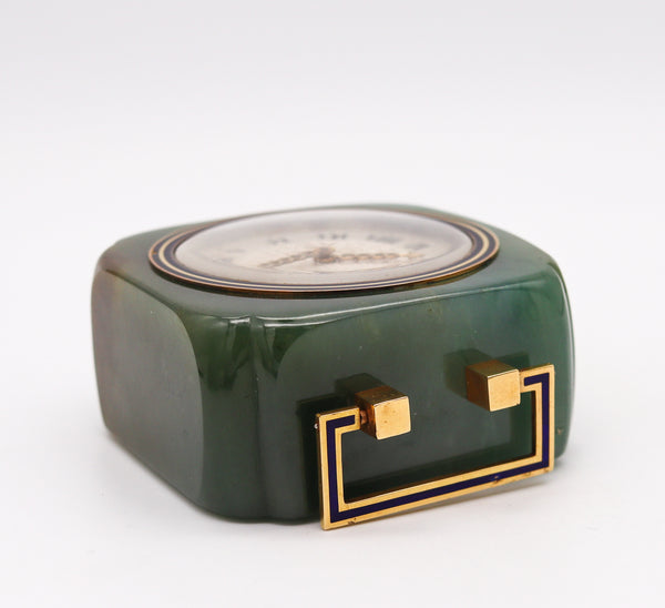 Cartier Paris 1920 Art Deco Chinoiserie Desk Clock In Nephrite Jade Enamel And 18Kt Gold