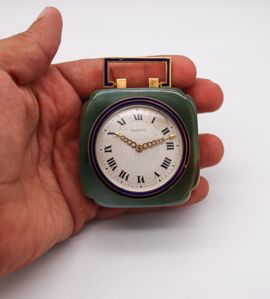 Cartier Paris 1920 Art Deco Chinoiserie Desk Clock In Nephrite Jade Enamel And 18Kt Gold