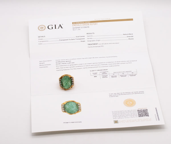 MODERNIST 18 KT COCKTAIL RING WITH 23.79 Ctw IN DIAMONDS & CARVED EMERALD GIA