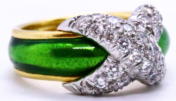 TIFFANY & CO, JEAN SCHLUMBERGER GREEN ENAMEL 18 KT GOLD AND PLATINUM DIAMONDS RING