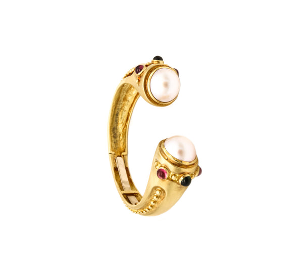 Marlene Stowe Cuff Bracelet In 18Kt Brushed Gold With Mabe Pearls And Tourmalines