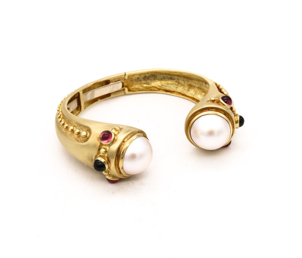 Marlene Stowe Cuff Bracelet In 18Kt Brushed Gold With Mabe Pearls And Tourmalines
