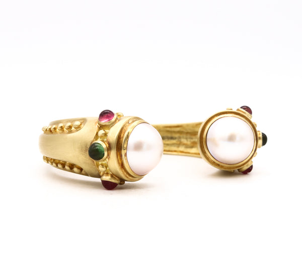 Marlene Stowe Cuff Bracelet In 18Kt Brushed Gold With Mabe Pearls And Tourmalines