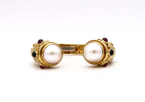 Marlene Stowe Cuff Bracelet In 18Kt Brushed Gold With Mabe Pearls And Tourmalines