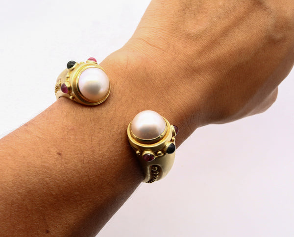 Marlene Stowe Cuff Bracelet In 18Kt Brushed Gold With Mabe Pearls And Tourmalines