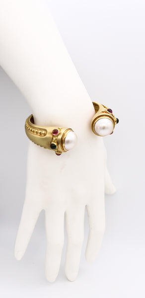 Marlene Stowe Cuff Bracelet In 18Kt Brushed Gold With Mabe Pearls And Tourmalines