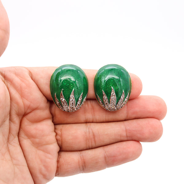 BRUNO GUIDI 1960 Enameled Clips-On Earrings In 18Kt Gold With 2.16 Cts In Diamonds