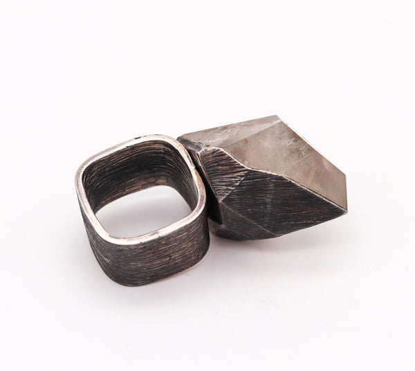 -Scandinavian 1960 Brutalist Cocktail Ring In Sterling Silver With Rock Quartz