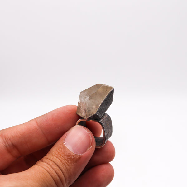 -Scandinavian 1960 Brutalist Cocktail Ring In Sterling Silver With Rock Quartz