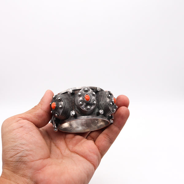 -French Art Deco 1930 Geometric Bracelet Bangle In Solid Sterling Silver