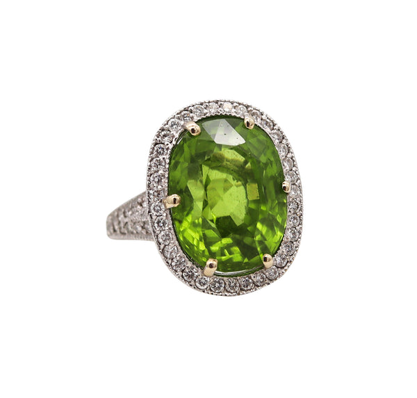 AGL Certified Cocktail Ring In 18Kt White Gold With 15.13 Cts Burmese Peridot & Diamonds