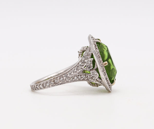 AGL Certified Cocktail Ring In 18Kt White Gold With 15.13 Cts Burmese Peridot & Diamonds