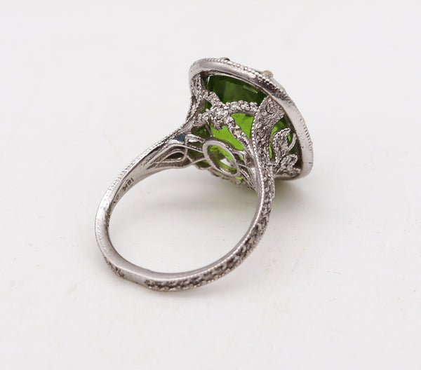 AGL Certified Cocktail Ring In 18Kt White Gold With 15.13 Cts Burmese Peridot & Diamonds