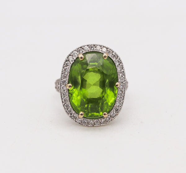 AGL Certified Cocktail Ring In 18Kt White Gold With 15.13 Cts Burmese Peridot & Diamonds