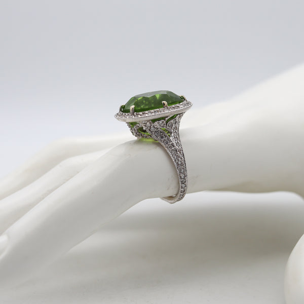 AGL Certified Cocktail Ring In 18Kt White Gold With 15.13 Cts Burmese Peridot & Diamonds