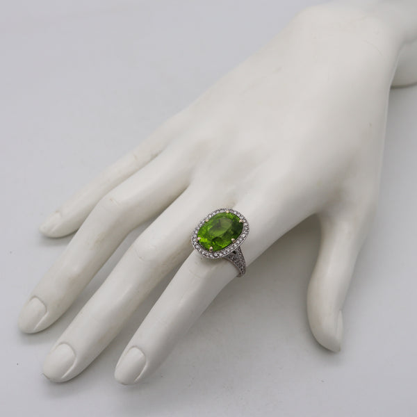 AGL Certified Cocktail Ring In 18Kt White Gold With 15.13 Cts Burmese Peridot & Diamonds