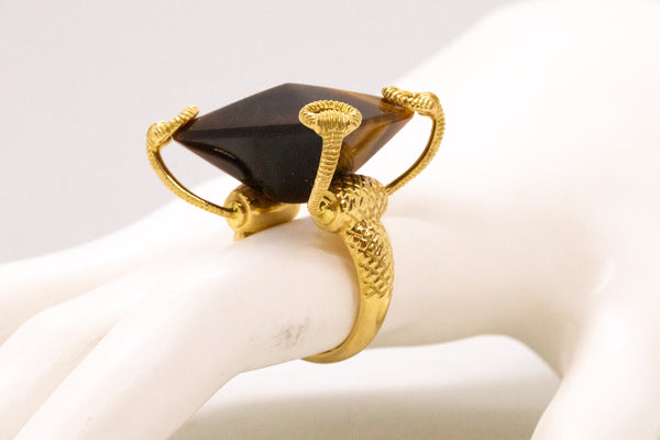 GUCCI ITALY 18 KT GOLD HORSE BIT RING WITH A MASSIVE TIGER EYE