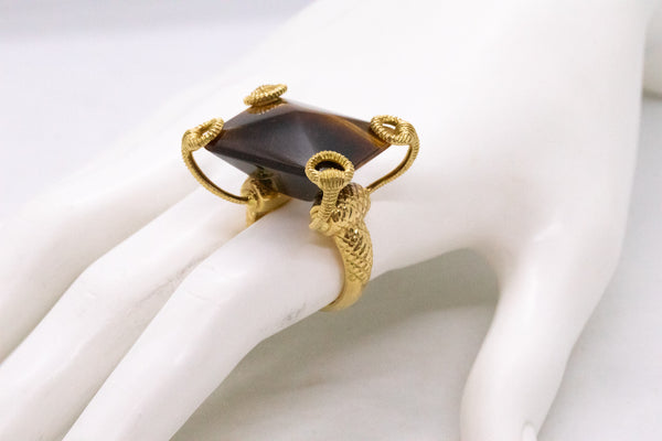 GUCCI ITALY 18 KT GOLD HORSE BIT RING WITH A MASSIVE TIGER EYE