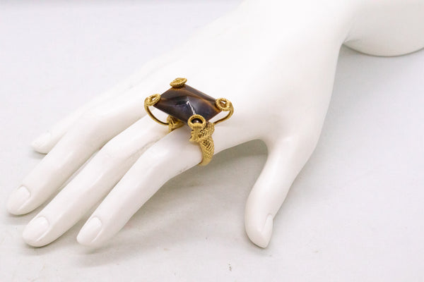 GUCCI ITALY 18 KT GOLD HORSE BIT RING WITH A MASSIVE TIGER EYE