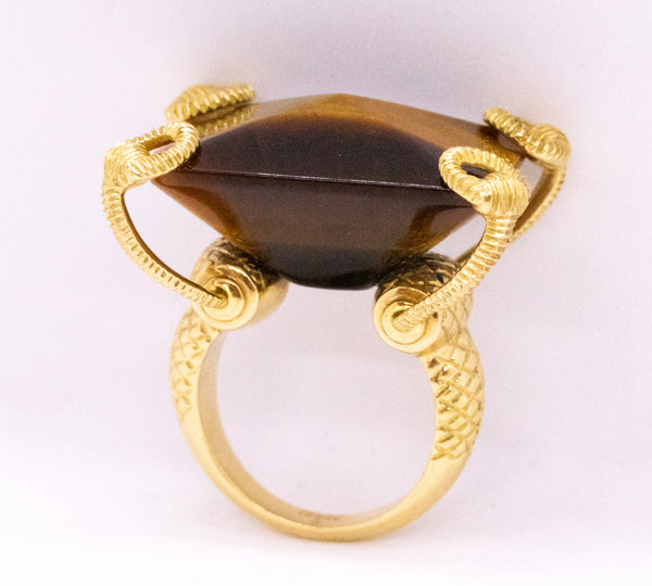GUCCI ITALY 18 KT GOLD HORSE BIT RING WITH A MASSIVE TIGER EYE