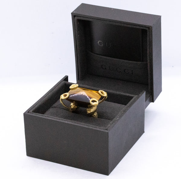 GUCCI ITALY 18 KT GOLD HORSE BIT RING WITH A MASSIVE TIGER EYE