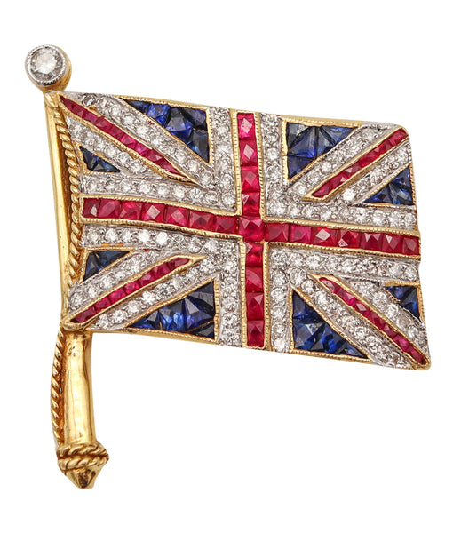 Art Deco 1930 British Flag Pendant Brooch In 18Kt Gold With 4.74 Ctw In Caliber Gemstones