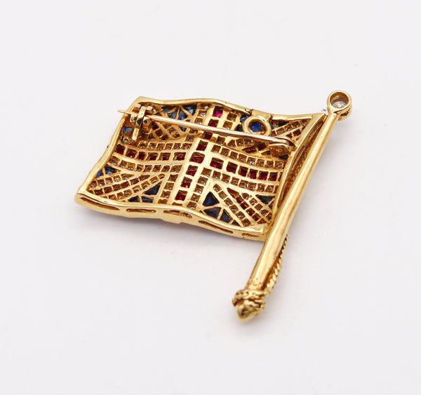 Art Deco 1930 British Flag Pendant Brooch In 18Kt Gold With 4.74 Ctw In Caliber Gemstones