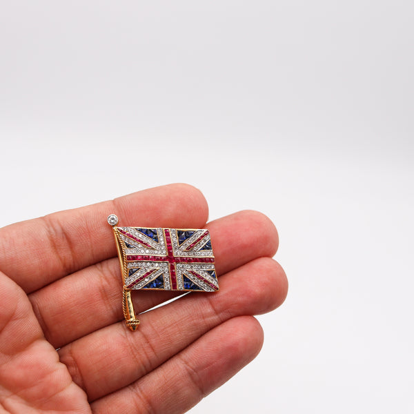 Art Deco 1930 British Flag Pendant Brooch In 18Kt Gold With 4.74 Ctw In Caliber Gemstones