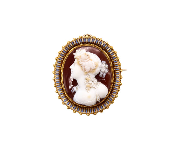 Austrian 1840 Vienna 22Kt Flora Etruscan Revival Pendant In Agathe With Enamel