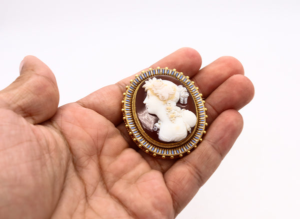 Austrian 1840 Vienna 22Kt Flora Etruscan Revival Pendant In Agathe With Enamel