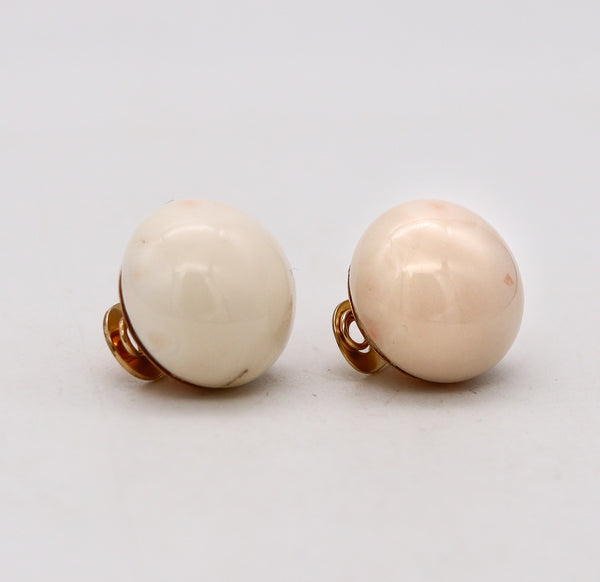 Mid Century 1950 Button Clip Earrings In 14Kt Yellow Gold With 86.84 Cts In Angel Skin Coral