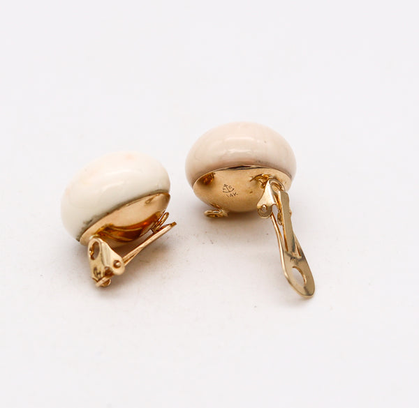 Mid Century 1950 Button Clip Earrings In 14Kt Yellow Gold With 86.84 Cts In Angel Skin Coral