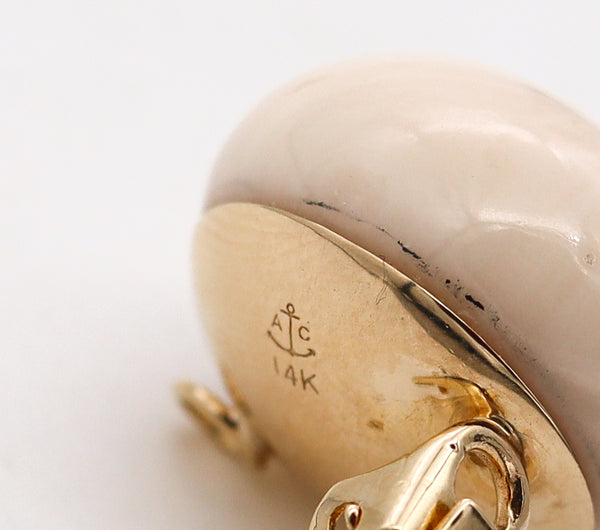 Mid Century 1950 Button Clip Earrings In 14Kt Yellow Gold With 86.84 Cts In Angel Skin Coral