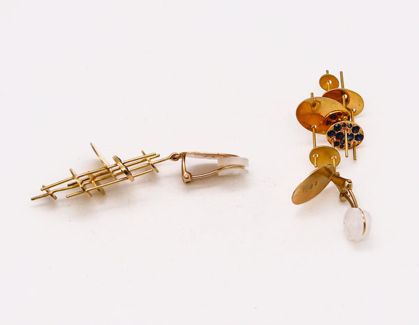Alberto Giorgi Italy Sculptural Drop Earrings In 18Kt Yellow Gold With Blue Sapphires