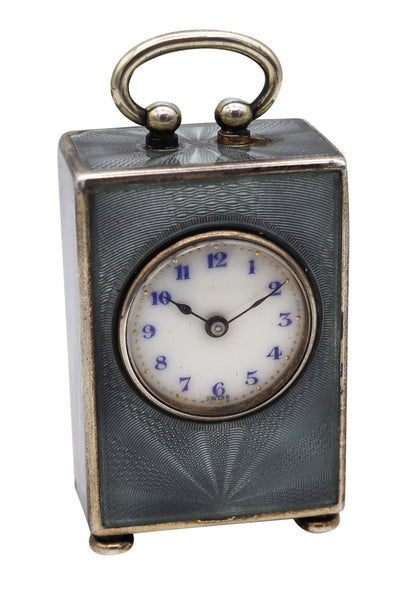 Edwardian 1908 Miniature Travel Clock With Guilloché Enamel In Sterling With Fitted Case