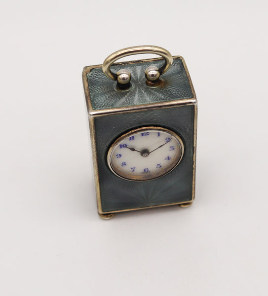 Edwardian 1908 Miniature Travel Clock With Guilloché Enamel In Sterling With Fitted Case
