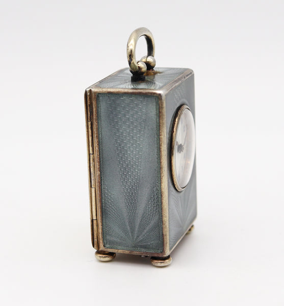 Edwardian 1908 Miniature Travel Clock With Guilloché Enamel In Sterling With Fitted Case