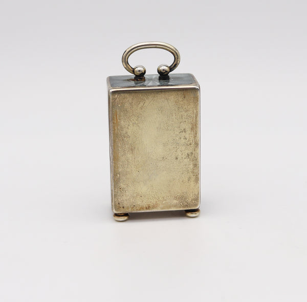Edwardian 1908 Miniature Travel Clock With Guilloché Enamel In Sterling With Fitted Case