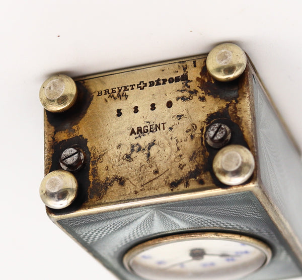 Edwardian 1908 Miniature Travel Clock With Guilloché Enamel In Sterling With Fitted Case