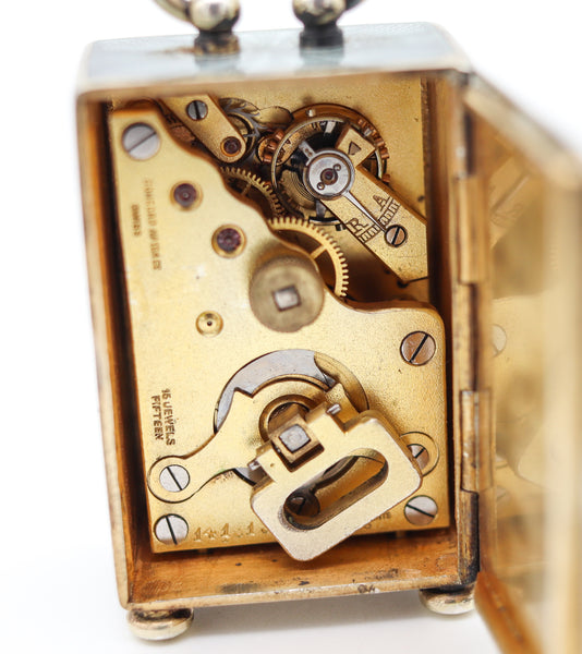 Edwardian 1908 Miniature Travel Clock With Guilloché Enamel In Sterling With Fitted Case