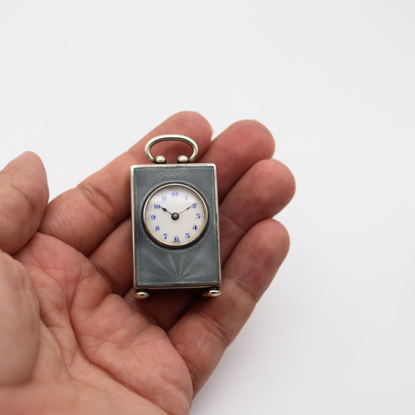 Edwardian 1908 Miniature Travel Clock With Guilloché Enamel In Sterling With Fitted Case