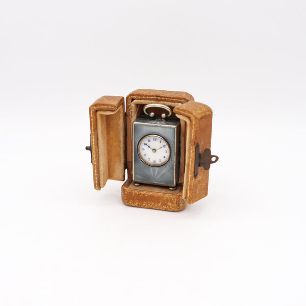 Edwardian 1908 Miniature Travel Clock With Guilloché Enamel In Sterling With Fitted Case