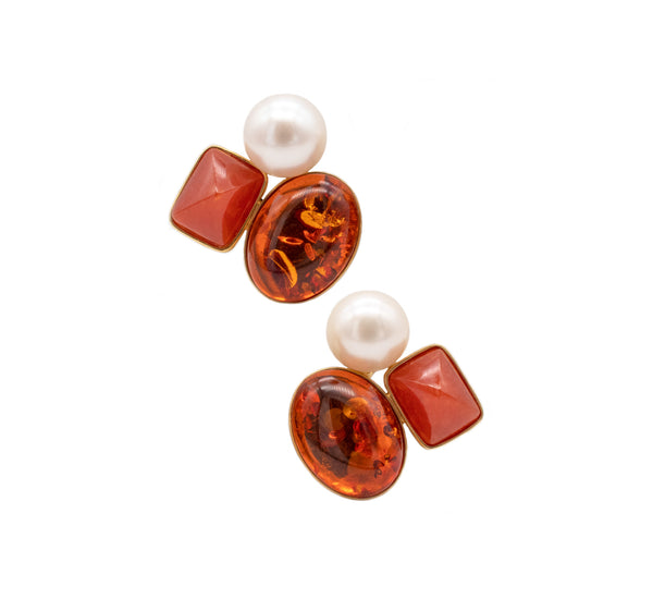 -Designer KJ Modern Earrings In 18Kt Yellow Gold With Amber, Jasper And Pearls
