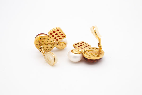 -Designer KJ Modern Earrings In 18Kt Yellow Gold With Amber, Jasper And Pearls