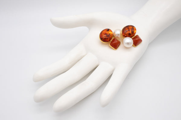 -Designer KJ Modern Earrings In 18Kt Yellow Gold With Amber, Jasper And Pearls