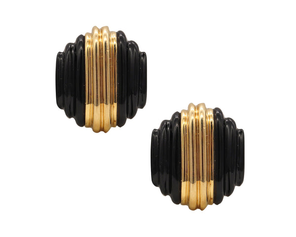 Charles Turi Stepped Skyscraper Clip Earrings In 18Kt Yellow Gold With Carved Onyxes