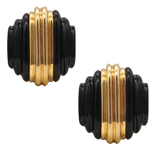 Charles Turi Stepped Skyscraper Clip Earrings In 18Kt Yellow Gold With Carved Onyxes