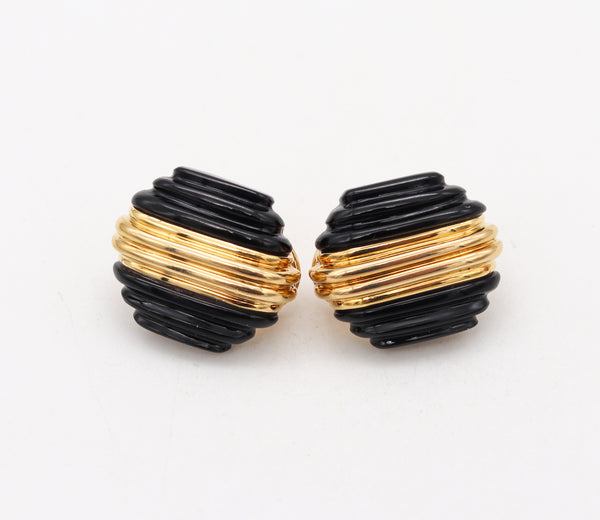 Charles Turi Stepped Skyscraper Clip Earrings In 18Kt Yellow Gold With Carved Onyxes